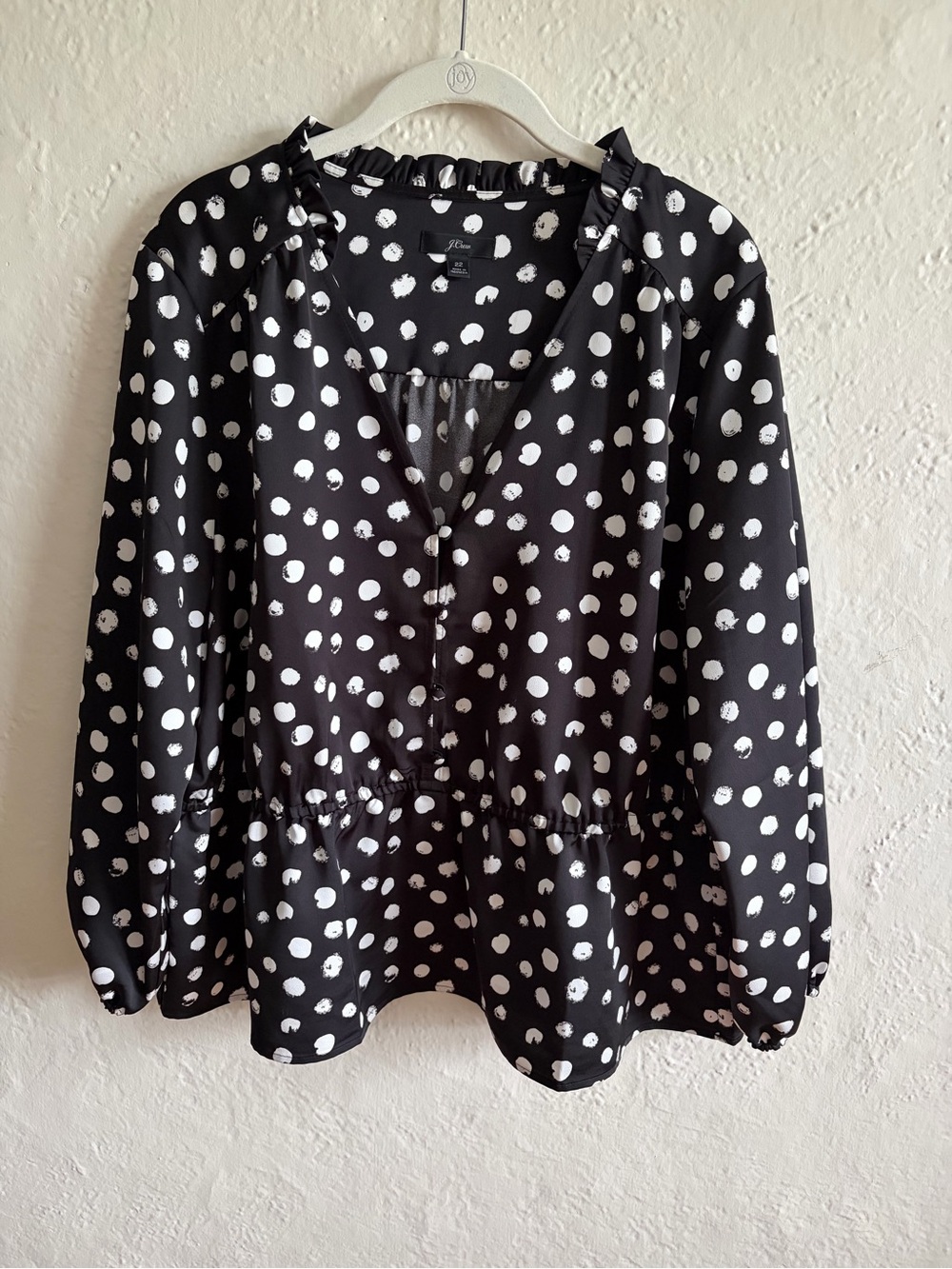J. Crew Black Blouse with White Polka Dot Print